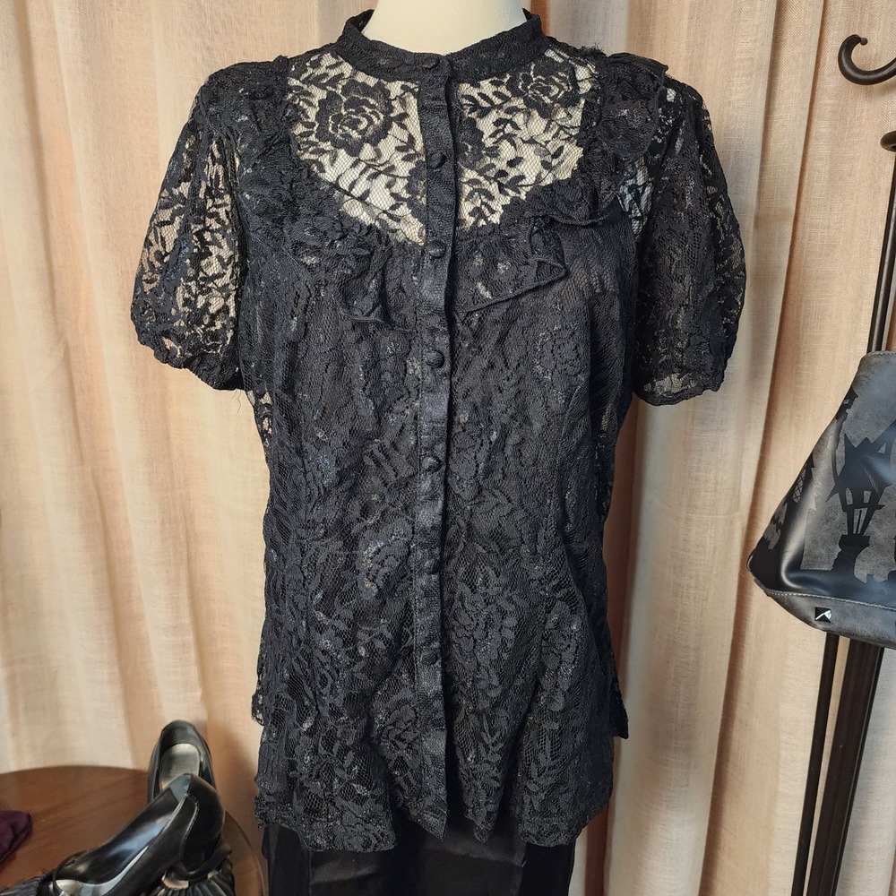 Vintage 90s Janette Plus Black Lace Blouse 1X Victorian Goth Vampire